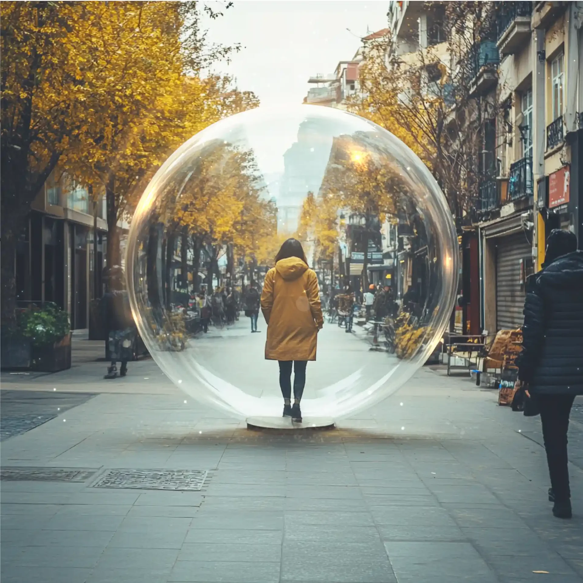 A person standing in front of an object on the street.